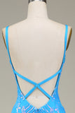 Robe de bal sirène à col en V profond bleu scintillant