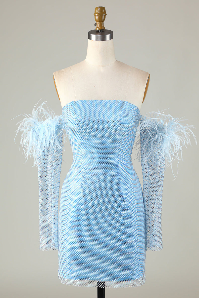 Charger l&#39;image dans la galerie, Manches détachables Robe de cocktail moulante bleue avec plumes