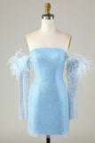 Manches détachables Robe de cocktail moulante bleue avec plumes