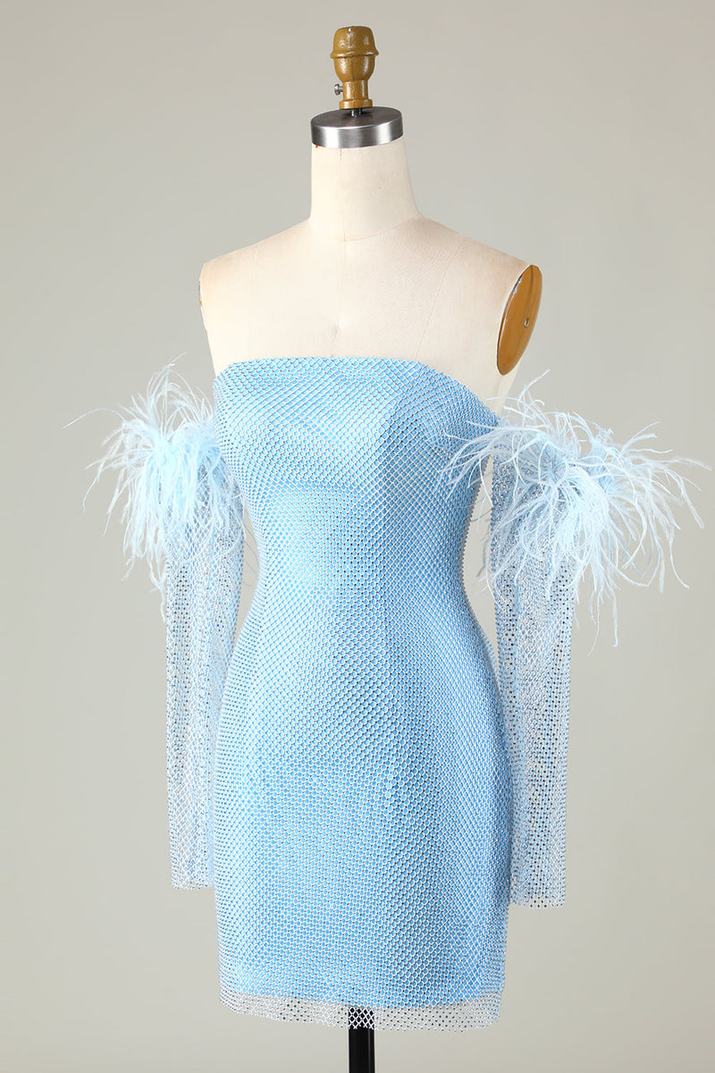 Charger l&#39;image dans la galerie, Manches détachables Robe de cocktail moulante bleue avec plumes