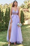 Robe de bal en tulle lavande A-line avec perles