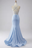 Robe de bal sirène scintillante bleu clair avec fente