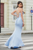 Charger l&#39;image dans la galerie, Robe de soirée corset bleu clair à bretelles spaghetti sirène élégante avec fente devant