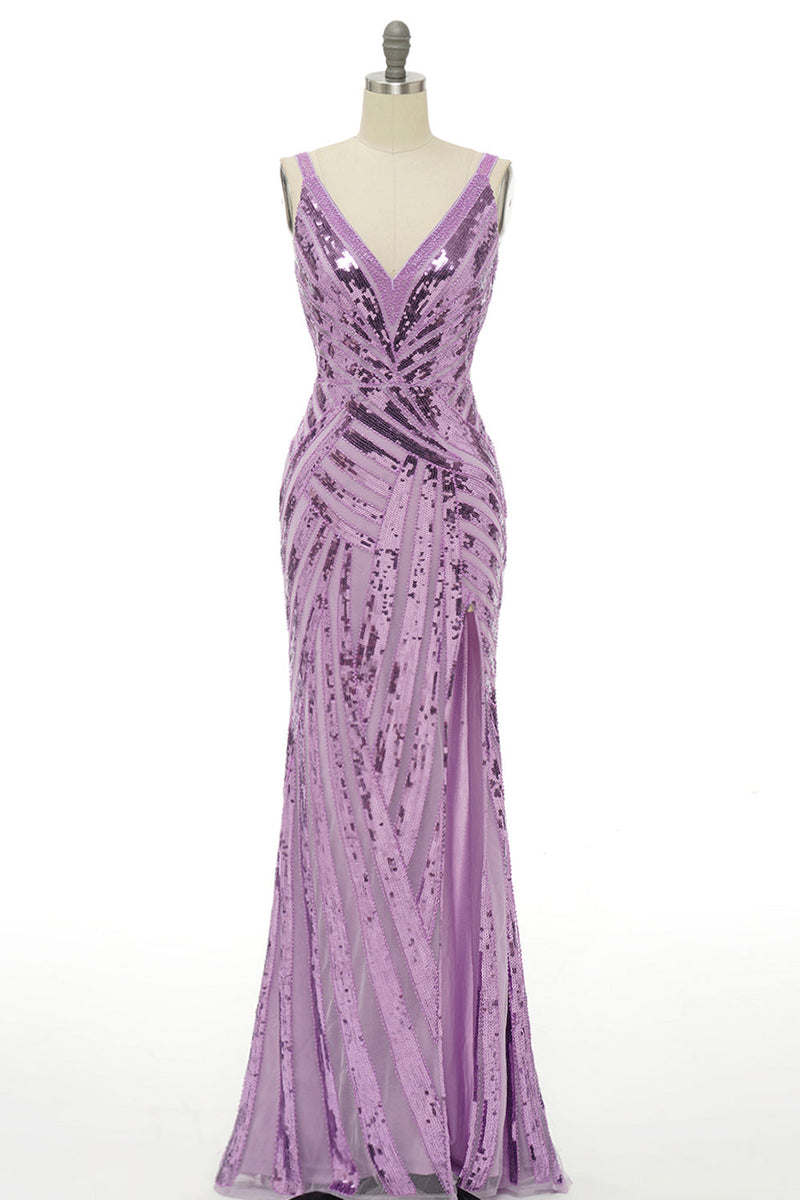Charger l&#39;image dans la galerie, Paillettes violettes scintillantes Robe de bal longue sans dos