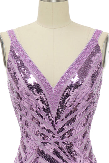 Paillettes violettes scintillantes Robe de bal longue sans dos