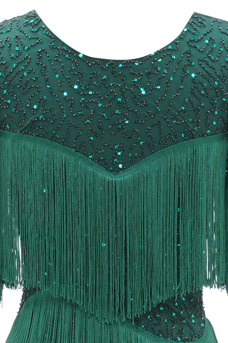Charger l&#39;image dans la galerie, Robe vert foncé à col rond des années 20 avec franges