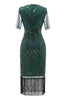 Charger l&#39;image dans la galerie, Robe à manches courtes vert foncé des années 20 avec franges