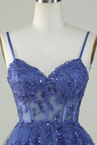 Mignon Une ligne Spaghetti Straps Bleu foncé Corset scintillant Robe de cocktail