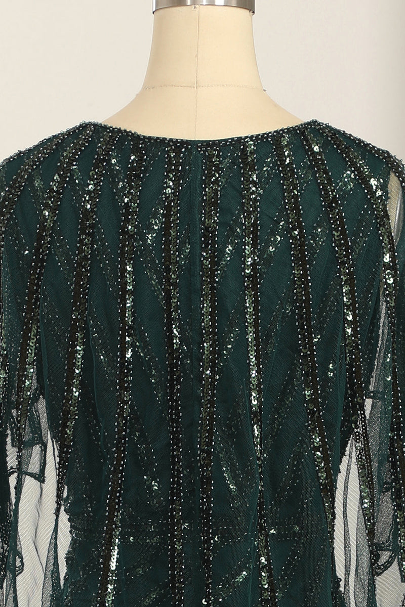 Charger l&#39;image dans la galerie, Vert foncé col à paillettes col long des années 20 robe