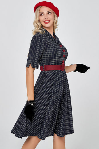 Navy Gingham Vintage 1950s Robe avec manches