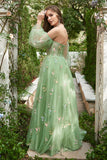 Robe de Soirée à manches longues vert Off The Shoulder A-Line