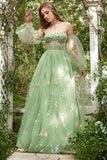 Robe de Soirée à manches longues vert Off The Shoulder A-Line