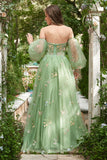 Robe de Soirée à manches longues vert Off The Shoulder A-Line