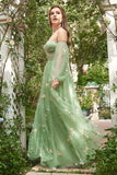 Robe de Soirée à manches longues vert Off The Shoulder A-Line