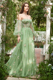 Robe de Soirée à manches longues vert Off The Shoulder A-Line