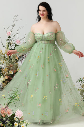 Une ligne de robe de bal vert épaule plus grande taille avec broderie