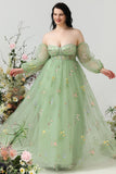 Une ligne de robe de bal vert épaule plus grande taille avec broderie