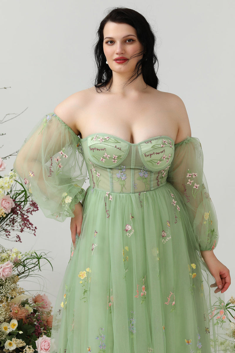 Charger l&#39;image dans la galerie, Une ligne de robe de bal vert épaule plus grande taille avec broderie