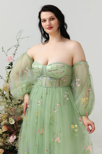 Une ligne de robe de bal vert épaule plus grande taille avec broderie