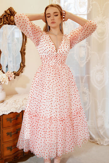 Une ligne Deep V Neck White Red Dot Tea Length Prom Dress