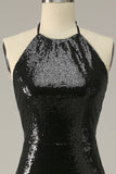 Fourreau Halter Black Sequins Plus Taille Robe de bal avec dos ouvert