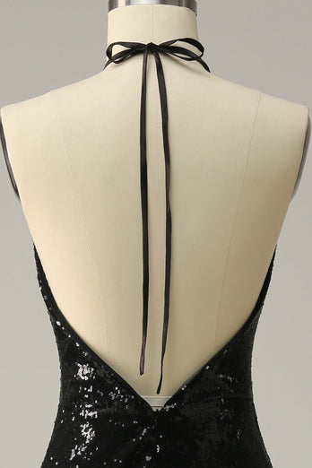 Fourreau Halter Black Sequins Plus Taille Robe de bal avec dos ouvert