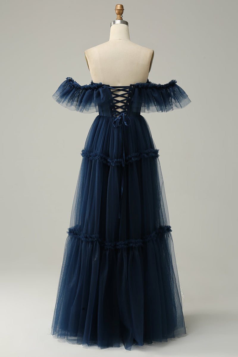 Charger l&#39;image dans la galerie, A-ligne hors de l&#39;épaule sweetheart tulle bleu marine longue robe de soirée