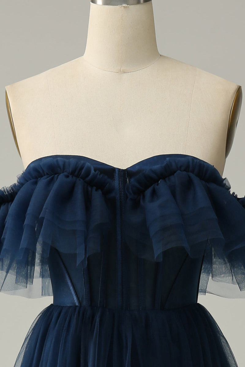 Charger l&#39;image dans la galerie, A-ligne hors de l&#39;épaule sweetheart tulle bleu marine longue robe de soirée