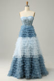 Une ligne Sweetheart Grey Blue Long Prom Dress avec des volants