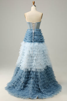 Une ligne Sweetheart Grey Blue Long Prom Dress avec des volants