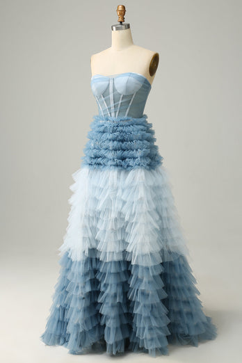 Une ligne Sweetheart Grey Blue Long Prom Dress avec des volants