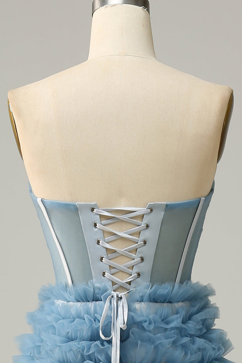Charger l&#39;image dans la galerie, Une ligne Sweetheart Grey Blue Long Prom Dress avec des volants