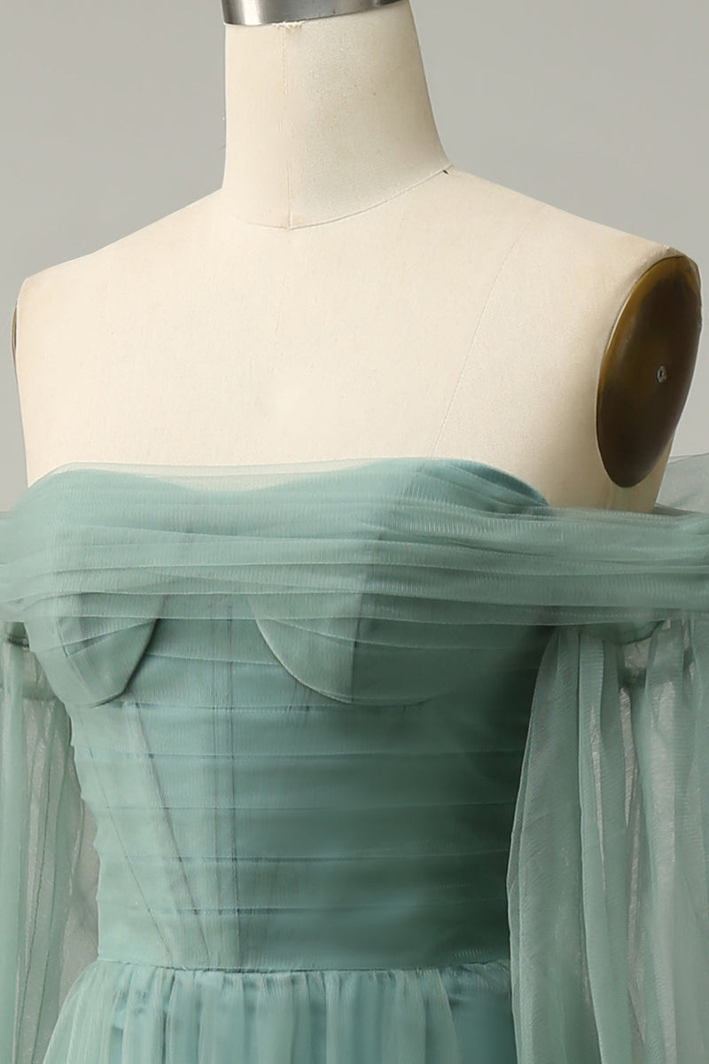 Charger l&#39;image dans la galerie, Robe de soirée Tull vert A-line gris à l’épaule avec manches longues