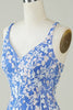 Charger l&#39;image dans la galerie, Fourreau V Col Bleu Robe courte de retour avec appliques Entrecroiser le dos