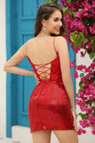 Corset rouge étincelant Paillettes Robe de cocktail moulante avec dentelle