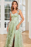 Une ligne Corset Vert Long Tulle Robe de Soirée avec 3D Papillons Avant fendu