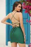 Robe de cocktail moulante perlée vert foncé scintillante avec dentelle