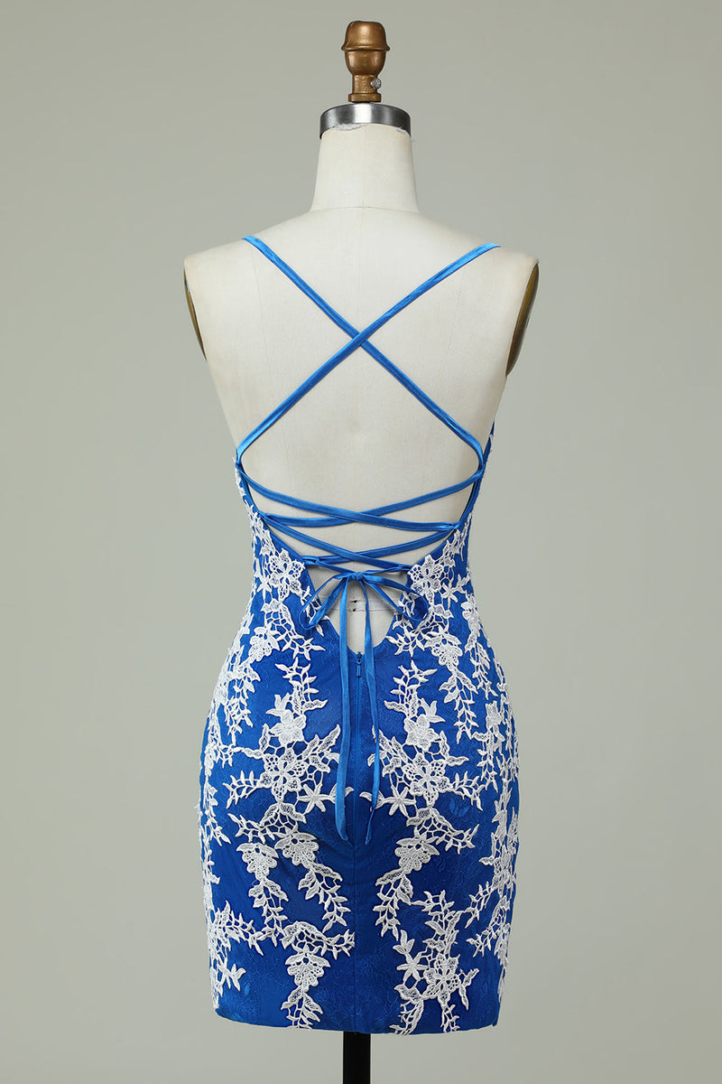Charger l&#39;image dans la galerie, Bretelles spaghetti robe de cocktail fourreau bleue avec appliques