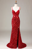 Robe de Soirée corset rouge paillettes miroir paillettes avec fente