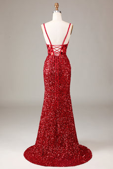Robe de Soirée corset rouge paillettes miroir paillettes avec fente