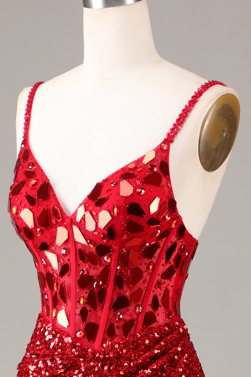 Charger l&#39;image dans la galerie, Robe de Soirée corset rouge paillettes miroir paillettes avec fente