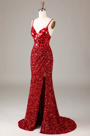 Robe de Soirée corset rouge paillettes miroir paillettes avec fente