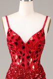 Robe de Soirée corset rouge paillettes miroir paillettes avec fente