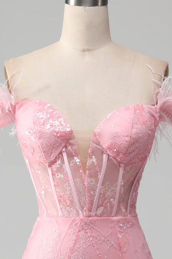 Sirène hors de l’épaule rose scintillant plumes corset robe de bal avec fente