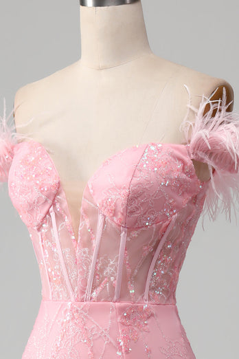 Sirène hors de l’épaule rose scintillant plumes corset robe de bal avec fente