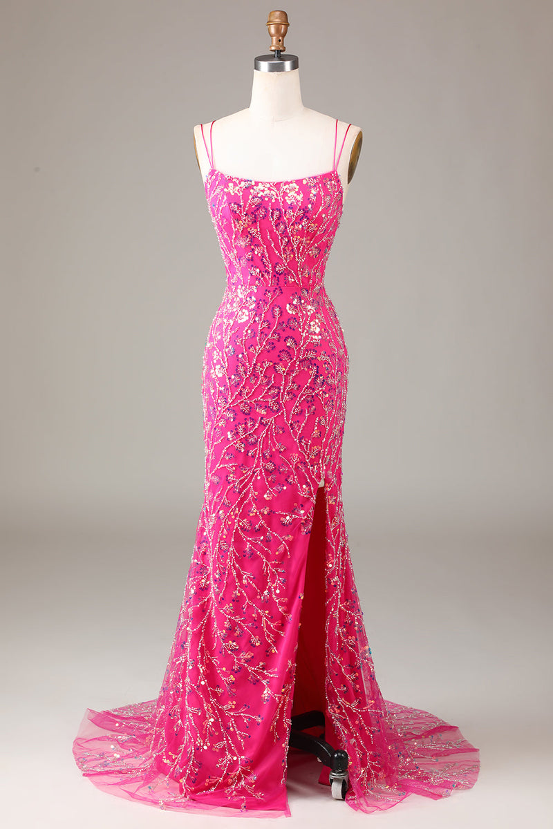 Charger l&#39;image dans la galerie, Paillettes rose vif &amp; robe de Soirée sirène perlée avec fente