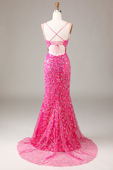 Paillettes rose vif & robe de Soirée sirène perlée avec fente