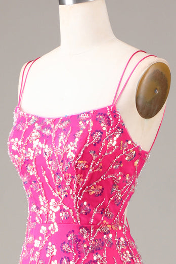 Paillettes rose vif & robe de Soirée sirène perlée avec fente