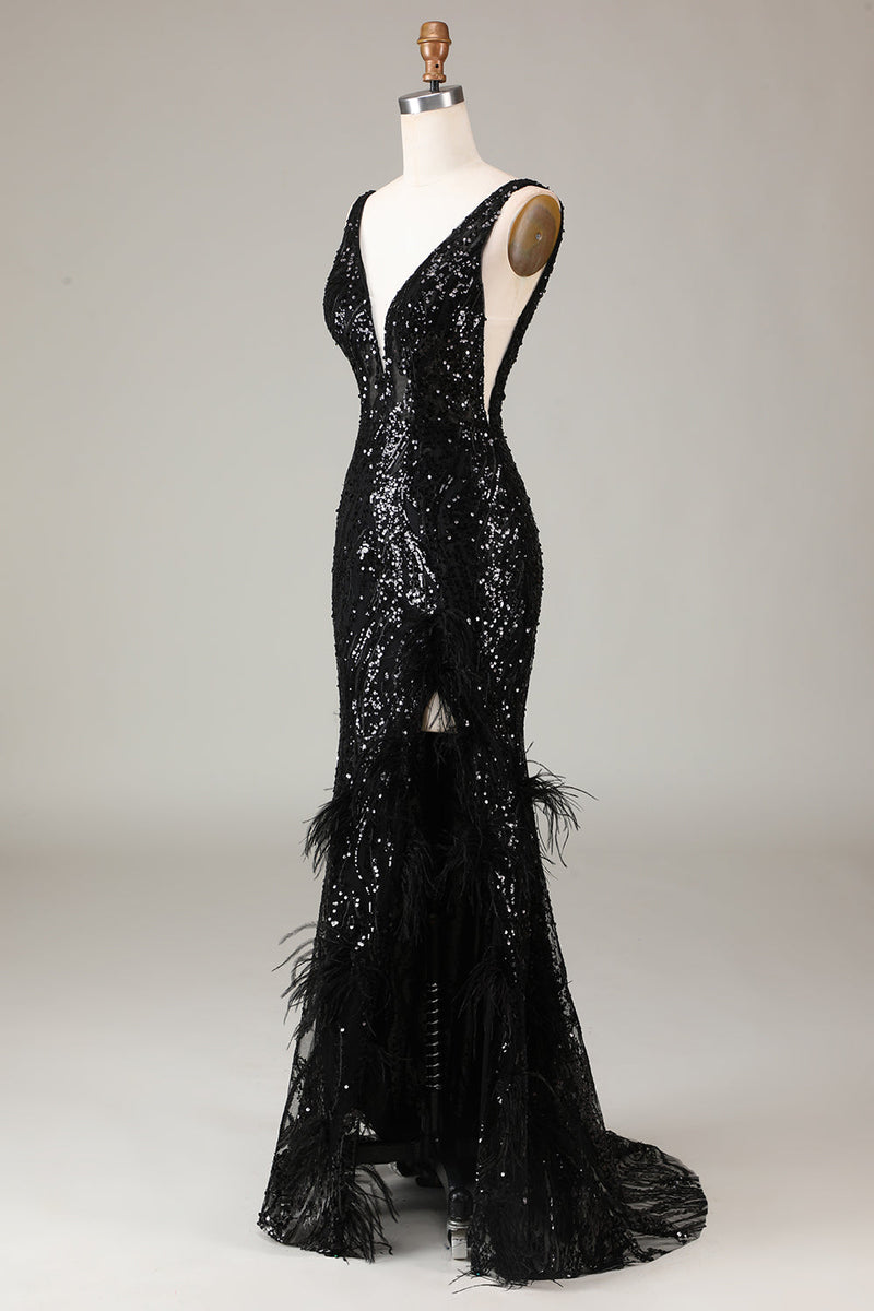 Charger l&#39;image dans la galerie, Robe de Soirée sirène à col en V Depp scintillant noir avec plumes