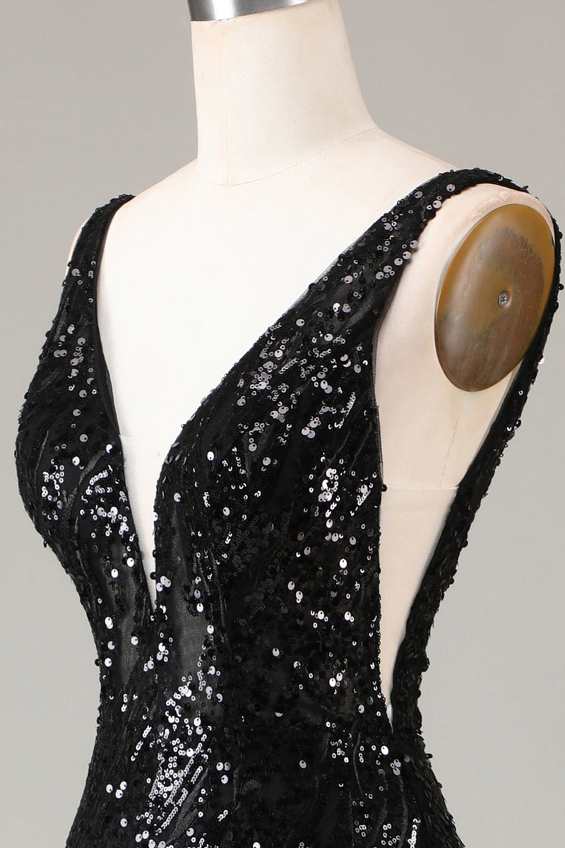 Charger l&#39;image dans la galerie, Robe de Soirée sirène à col en V Depp scintillant noir avec plumes